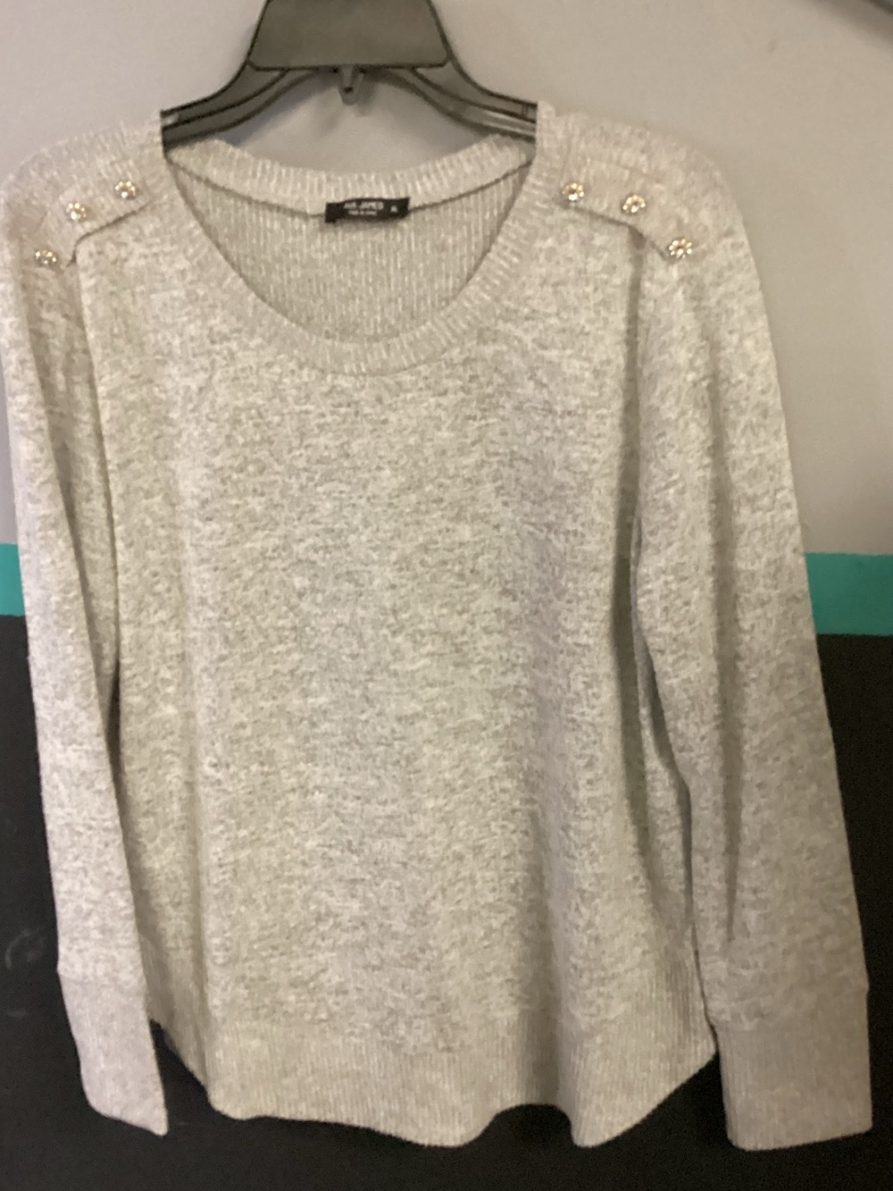 Light Gray Scoop Neck Sweater with Embellished Shoulders - Women